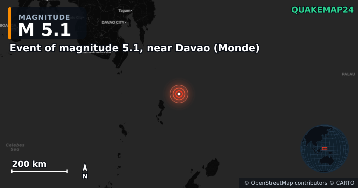 Erdbeben M5,1 bei Event of magnitude 5.1, near Davao (Monde) — Karte der Lage des Epizentrums