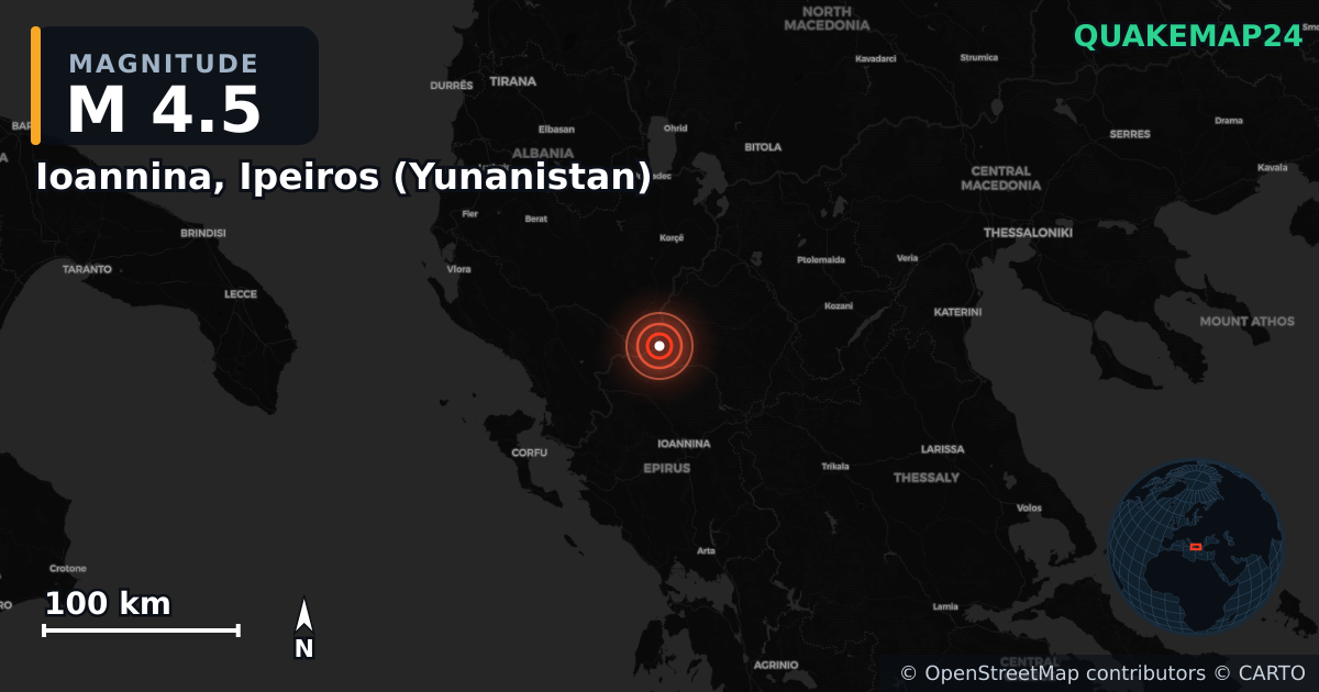 M4.5 earthquake near Ioannina, Ipeiros (Yunanistan) on Apr 6, 2026 — map of epicenter and shaking intensity | QuakeMap24