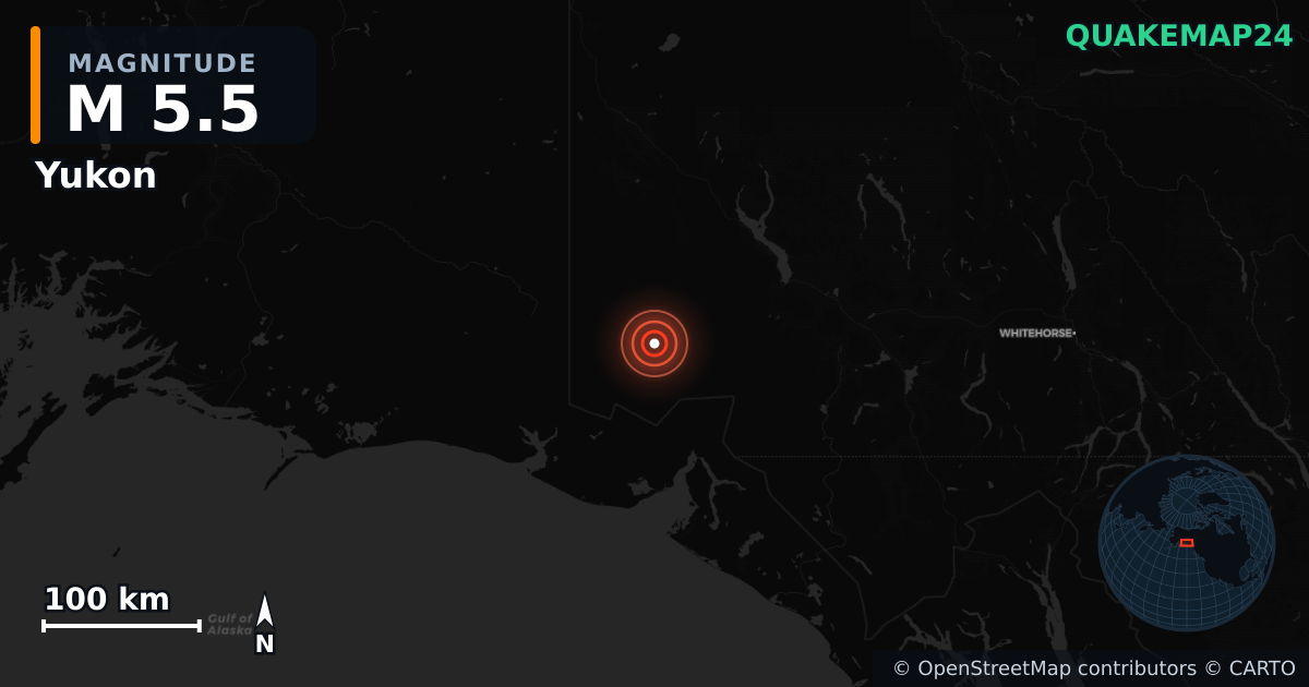 M5.5 earthquake near Yukon on Jan 1, 2026 — map of epicenter and shaking intensity | QuakeMap24