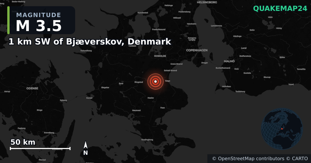 M3.5 earthquake near 1 km SW of Bjæverskov, Denmark on May 20, 2026 — map of epicenter and shaking intensity | QuakeMap24