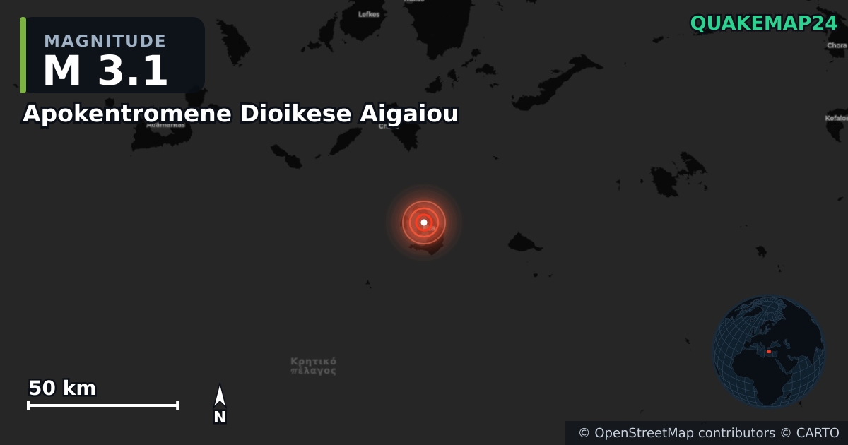 M3.1 earthquake near Apokentromene Dioikese Aigaiou on Jul 21, 2025 — map of epicenter and shaking intensity | QuakeMap24