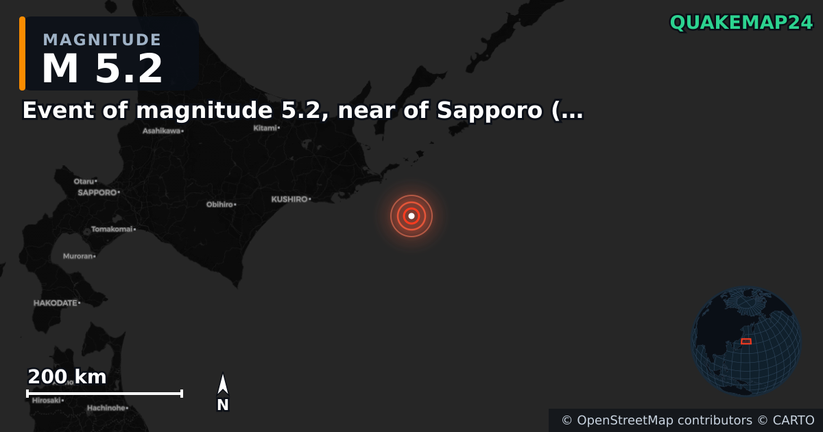 M5.2 earthquake near Event of magnitude 5.2, near of Sapporo (Monde) on Dec 20, 2025 — map of epicenter and shaking intensity | QuakeMap24