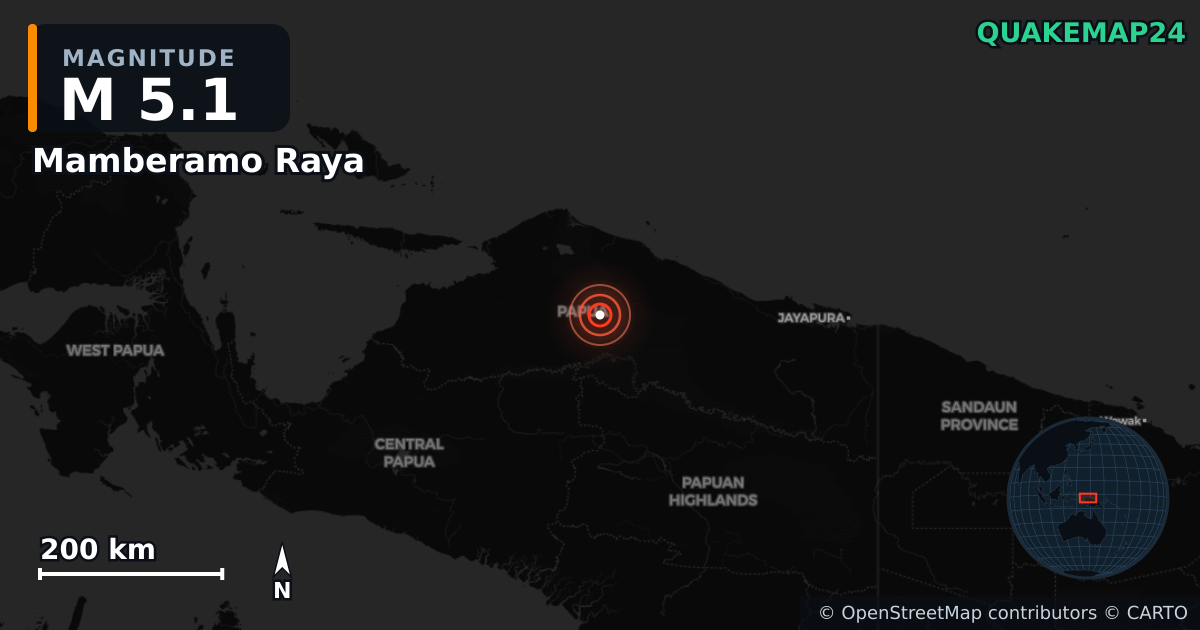 M5.1 earthquake near Mamberamo Raya on Jul 4, 2026 — map of epicenter and shaking intensity | QuakeMap24