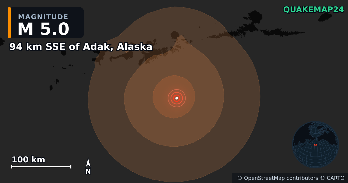 M5.0 earthquake near 94 km SSE of Adak, Alaska on Jul 24, 2026 — map of epicenter and shaking intensity | QuakeMap24