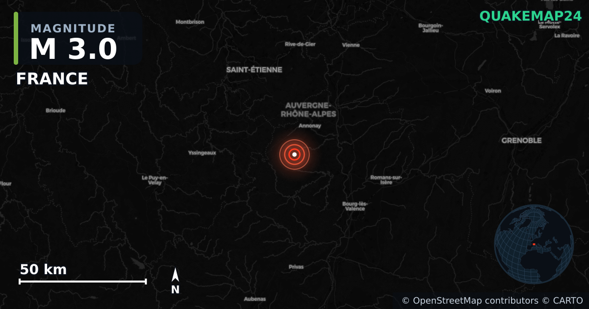 M3.0 earthquake near FRANCE on Mar 23, 2026 — map of epicenter and shaking intensity | QuakeMap24