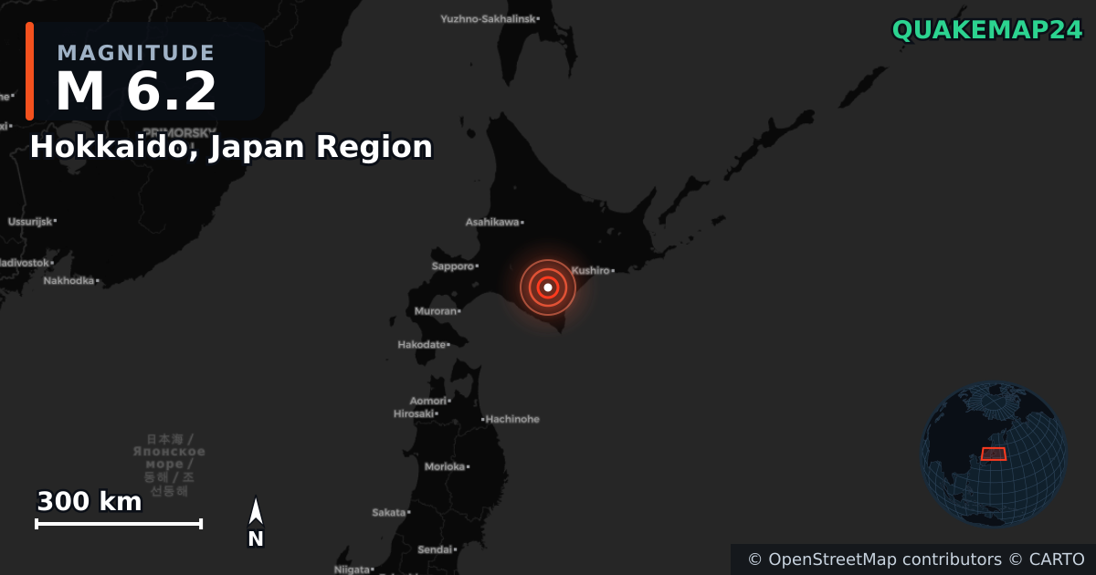 M6.2 earthquake near Hokkaido, Japan Region on Apr 26, 2026 — map of epicenter and shaking intensity | QuakeMap24