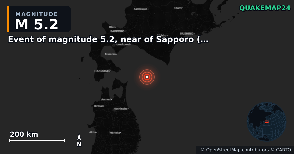 M5.2 earthquake near Event of magnitude 5.2, near of Sapporo (Monde) on Mar 15, 2026 — map of epicenter and shaking intensity | QuakeMap24