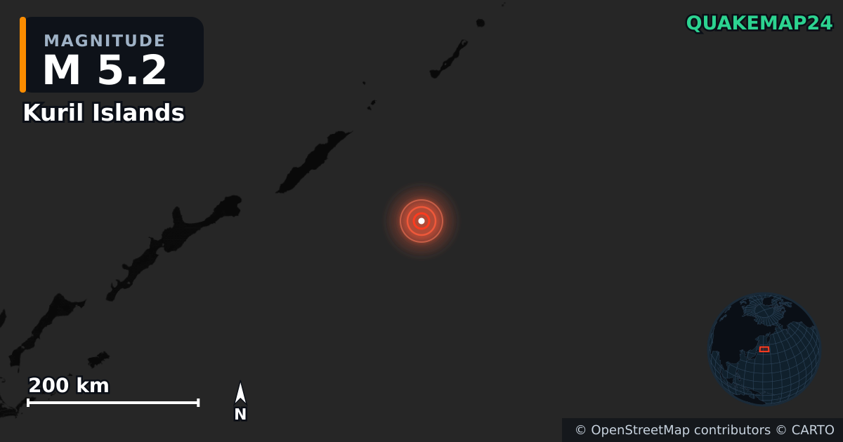 M5.2 earthquake near Kuril Islands on Oct 3, 2025 — map of epicenter and shaking intensity | QuakeMap24