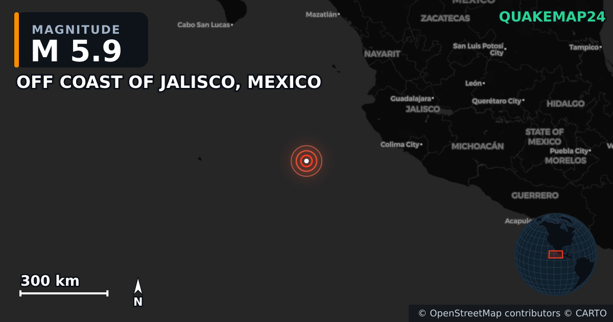 Erdbeben M5,9 bei OFF COAST OF JALISCO, MEXICO · 2025-05-13 — Karte der Lage des Epizentrums