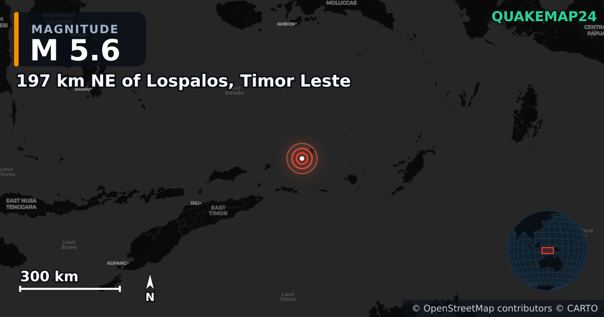 Erdbeben M5,6 bei 197 km NE of Lospalos, Timor Leste · 2025-10-01 — Karte der Lage des Epizentrums
