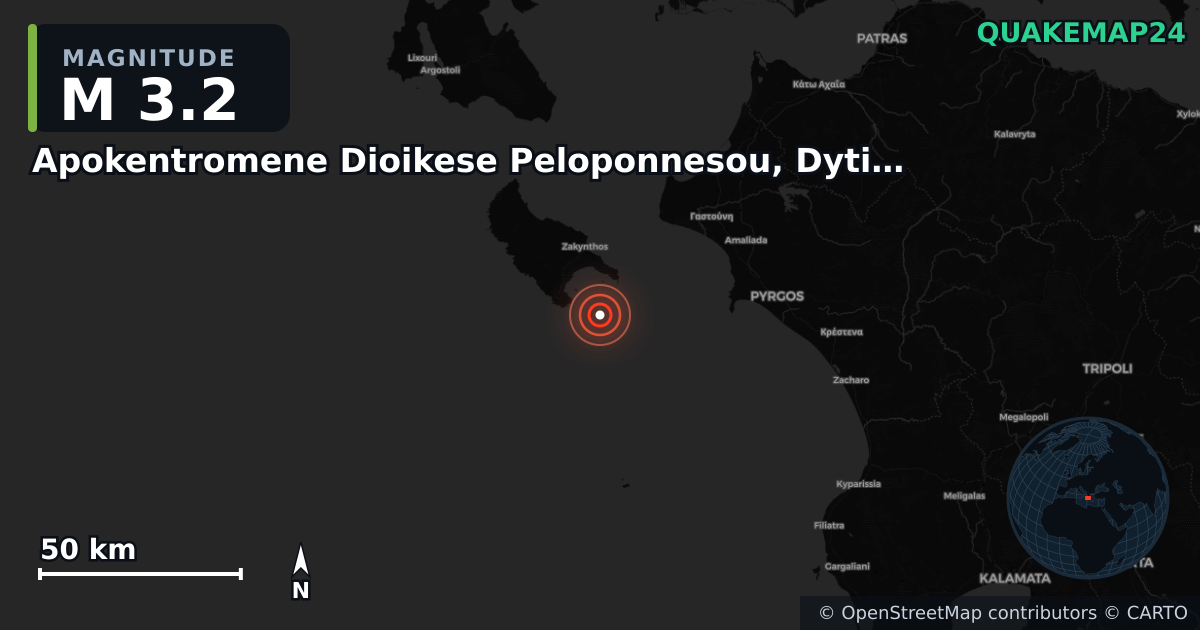 M3.2 earthquake near Apokentromene Dioikese Peloponnesou, Dytikes Elladas kai Ioniou on May 16, 2025 — map of epicenter and shaking intensity | QuakeMap24