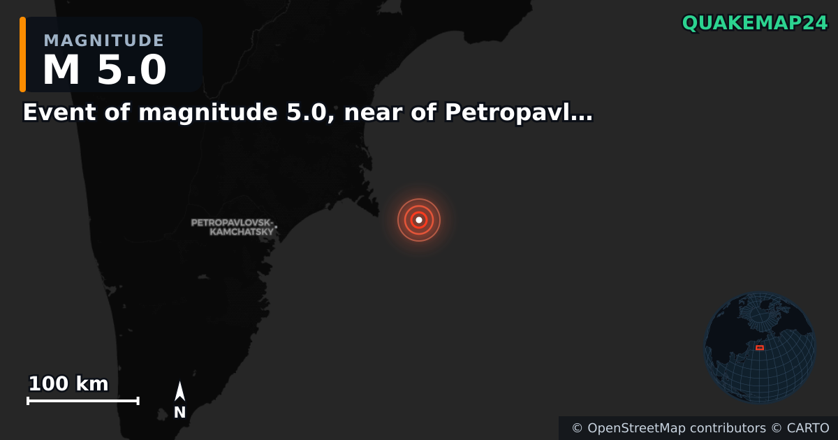 M5.0 earthquake near Event of magnitude 5.0, near of Petropavlovsk Kamchatskiy (Monde) on Sep 18, 2025 — map of epicenter and shaking intensity | QuakeMap24