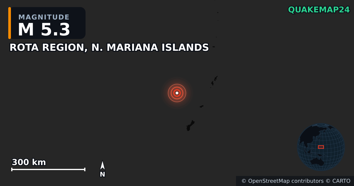 M5.3 earthquake near ROTA REGION, N. MARIANA ISLANDS on Jun 8, 2025 — map of epicenter and shaking intensity | QuakeMap24