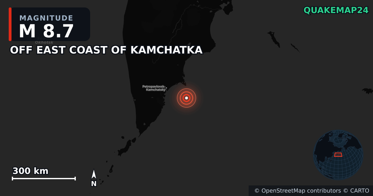 M8.7 earthquake near OFF EAST COAST OF KAMCHATKA on Jul 29, 2025 — map of epicenter and shaking intensity | QuakeMap24