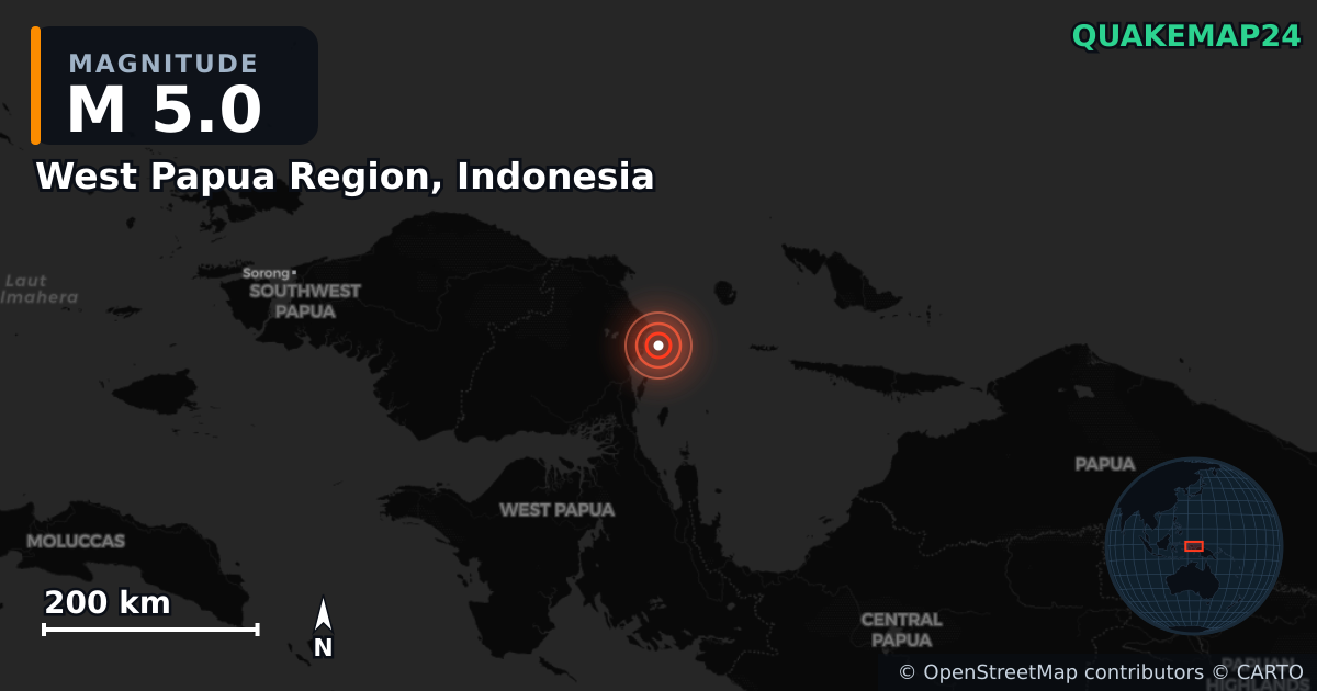 Erdbeben M5,0 bei West Papua Region, Indonesia — Karte der Lage des Epizentrums