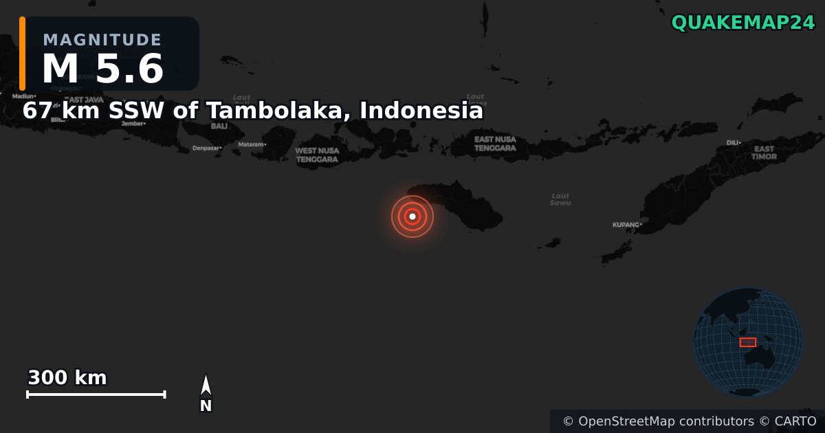M5.6 earthquake near 67 km SSW of Tambolaka, Indonesia on Mar 31, 2025 — map of epicenter and shaking intensity | QuakeMap24