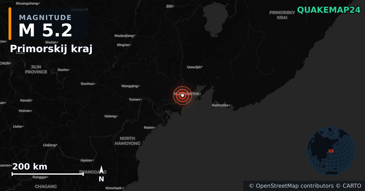 M5.2 earthquake near Primorskij kraj on Oct 25, 2025 — map of epicenter and shaking intensity | QuakeMap24