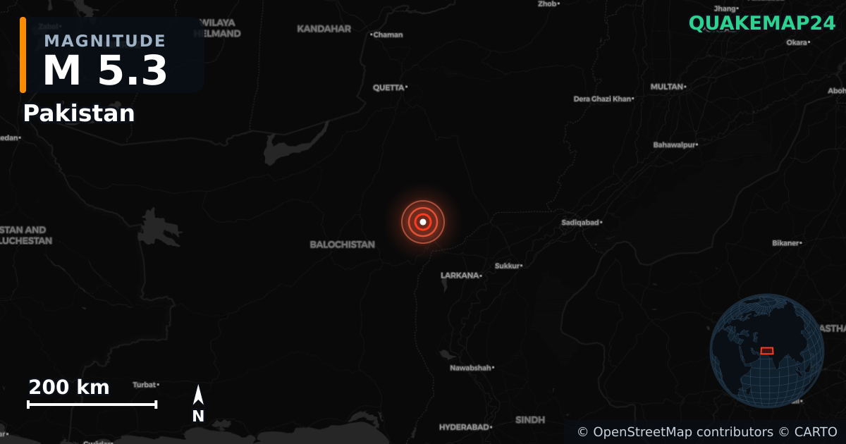 Erdbeben M5,3 bei Pakistan — Karte der Lage des Epizentrums