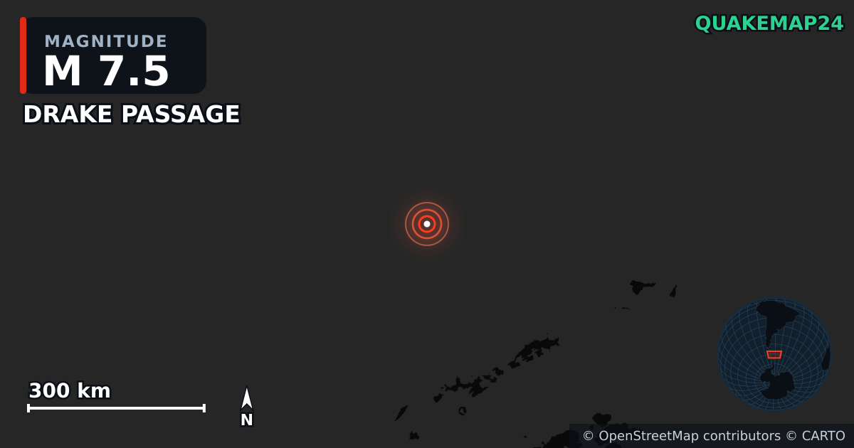M7.5 earthquake near DRAKE PASSAGE on Aug 22, 2025 — map of epicenter and shaking intensity | QuakeMap24