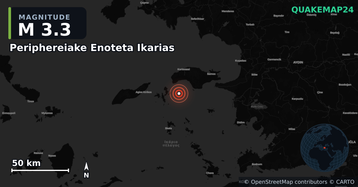 M3.3 earthquake near Periphereiake Enoteta Ikarias on Sep 8, 2025 — map of epicenter and shaking intensity | QuakeMap24
