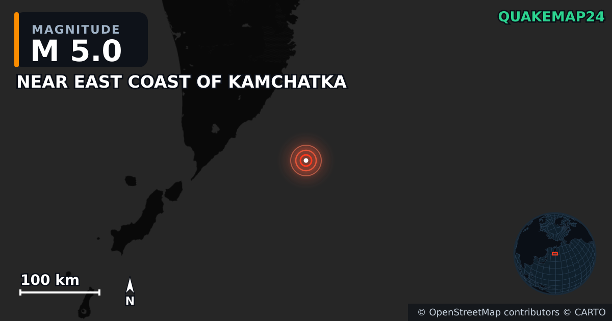 M5.0 earthquake near NEAR EAST COAST OF KAMCHATKA on Jul 30, 2025 — map of epicenter and shaking intensity | QuakeMap24