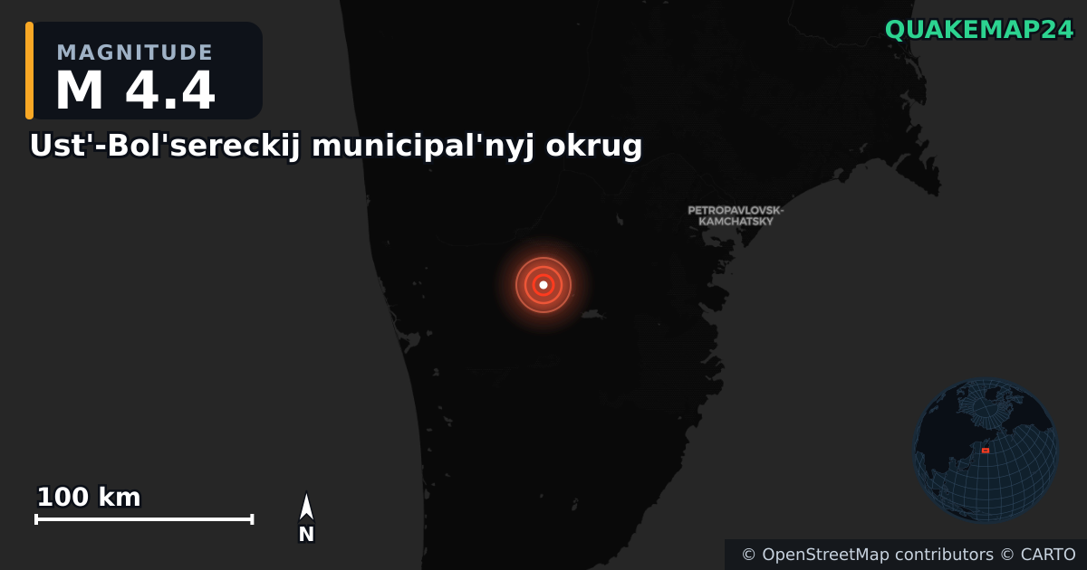 M4.4 earthquake near Ust'-Bol'sereckij municipal'nyj okrug on Jun 15, 2026 — map of epicenter and shaking intensity | QuakeMap24