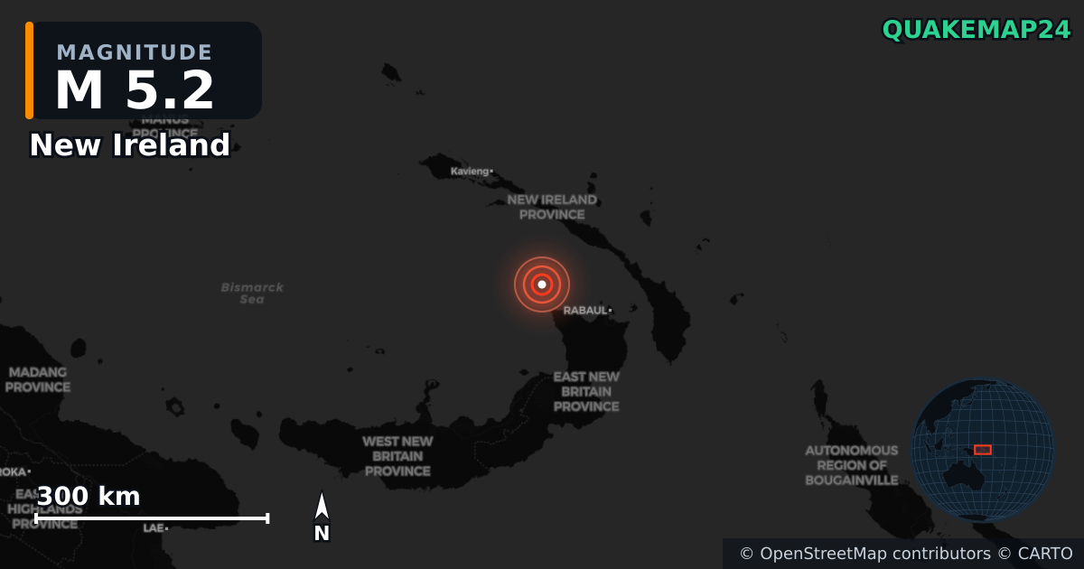 M5.2 earthquake near New Ireland on Oct 5, 2025 — map of epicenter and shaking intensity | QuakeMap24