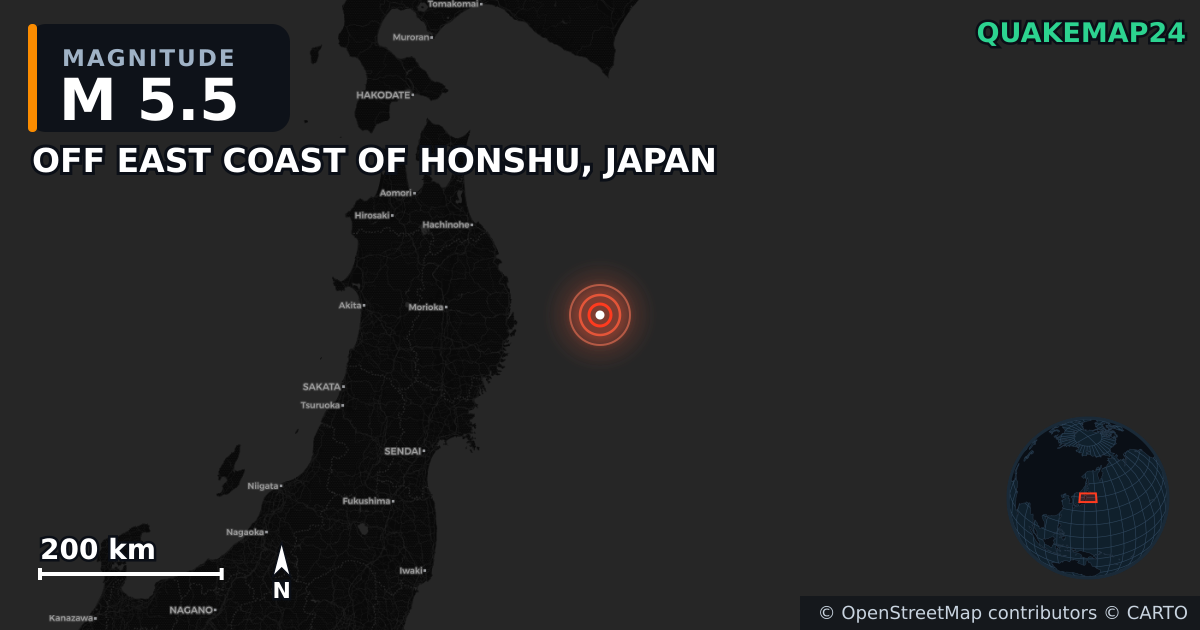 M5.5 earthquake near OFF EAST COAST OF HONSHU, JAPAN on Nov 9, 2025 — map of epicenter and shaking intensity | QuakeMap24