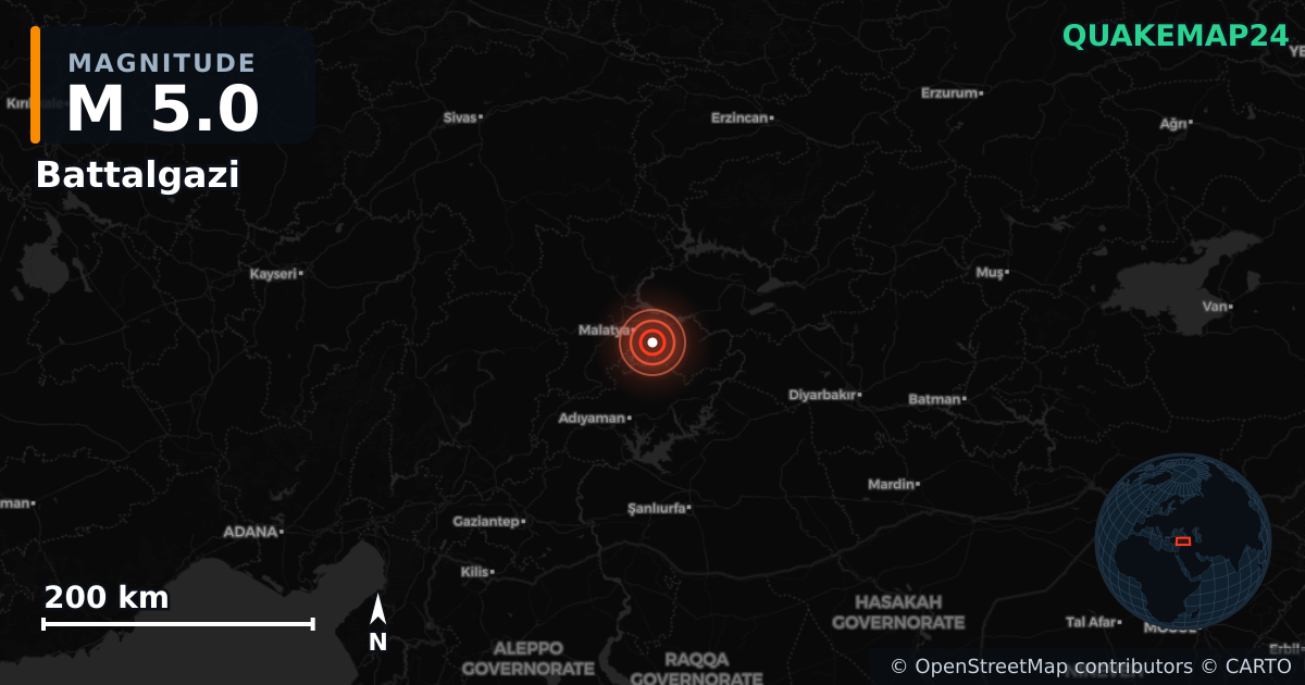 M5.0 earthquake near Battalgazi on Jul 18, 2026 — map of epicenter and shaking intensity | QuakeMap24