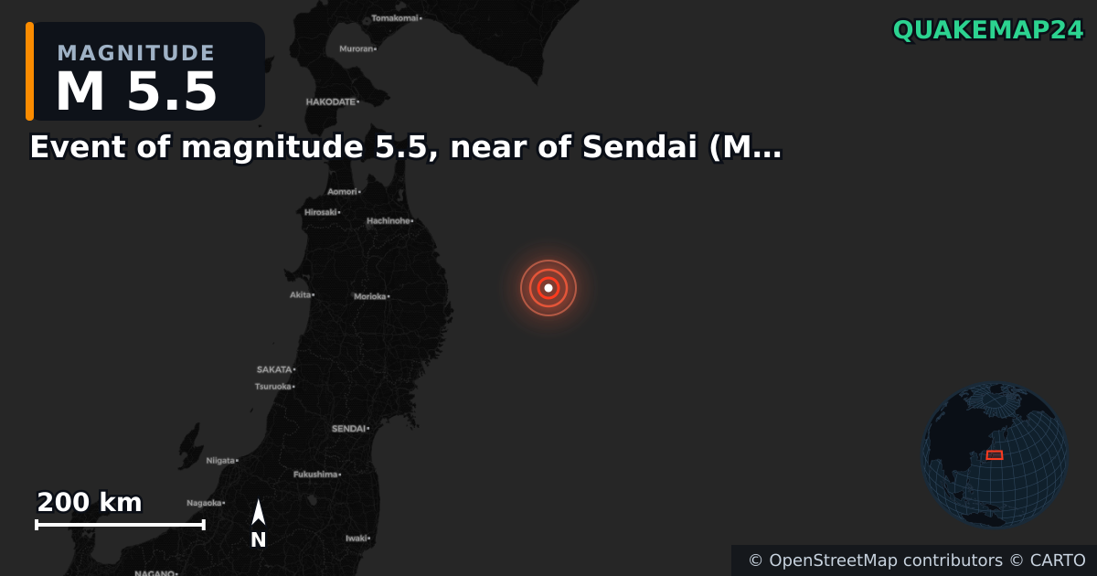 M5.5 earthquake near Event of magnitude 5.5, near of Sendai (Monde) on Nov 12, 2025 — map of epicenter and shaking intensity | QuakeMap24