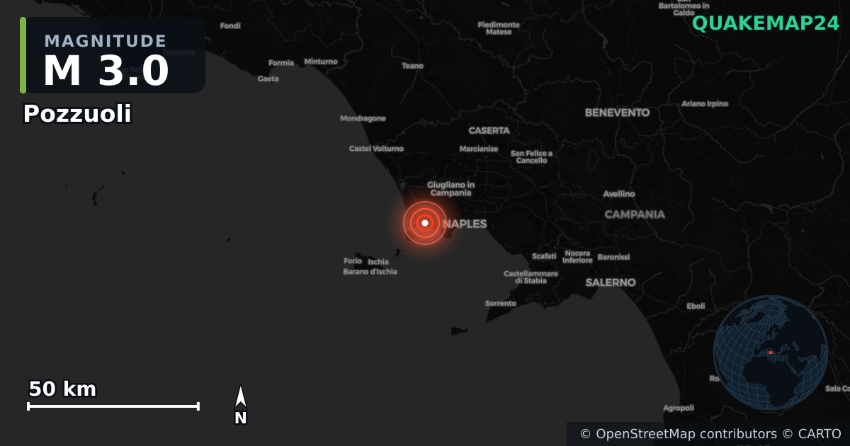 M3.0 earthquake near Pozzuoli on Aug 10, 2026 — map of epicenter and shaking intensity | QuakeMap24