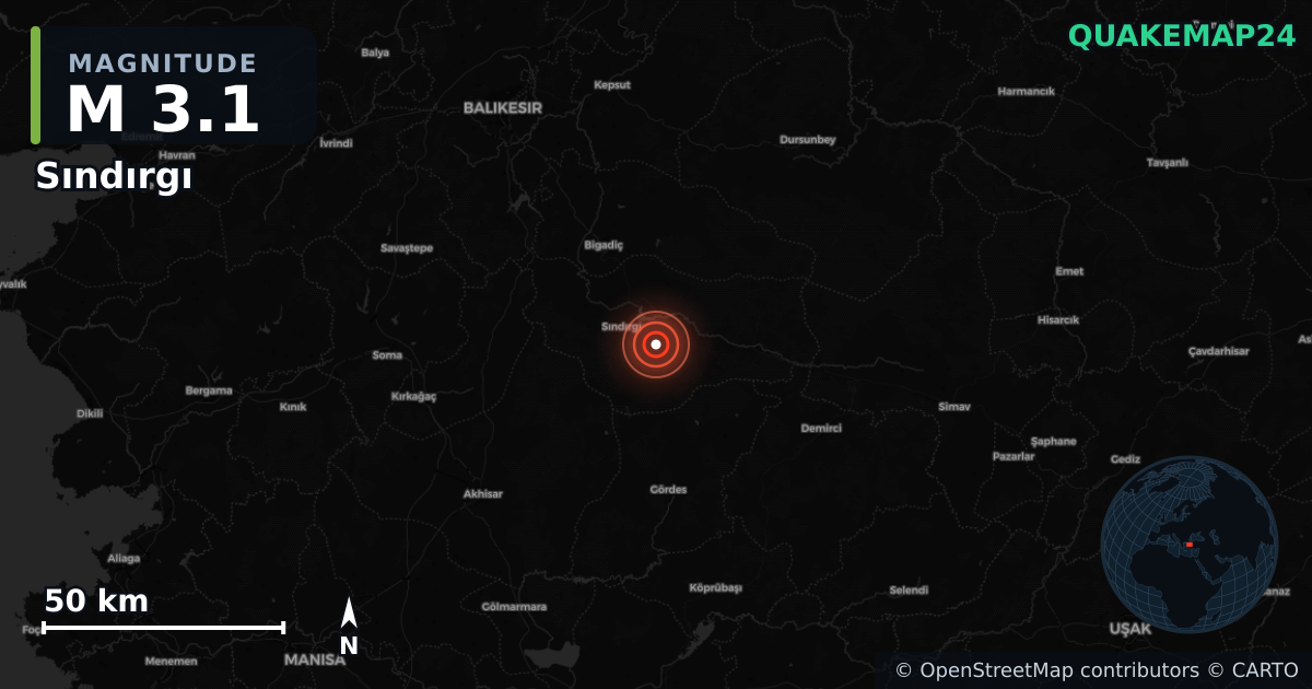M3.1 earthquake near Sındırgı on Nov 18, 2025 — map of epicenter and shaking intensity | QuakeMap24