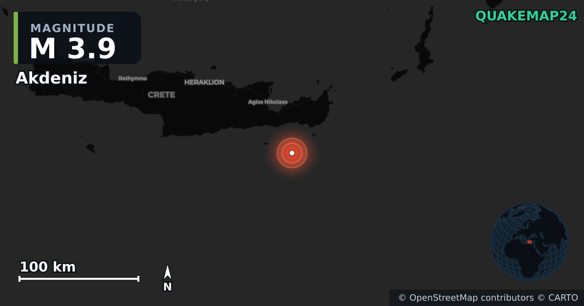 M3.9 earthquake near Akdeniz on Apr 24, 2026 — map of epicenter and shaking intensity | QuakeMap24