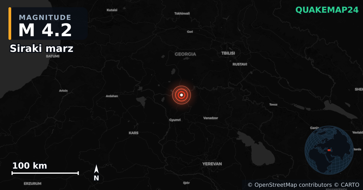 M4.2 earthquake near Siraki marz on Nov 2, 2025 — map of epicenter and shaking intensity | QuakeMap24