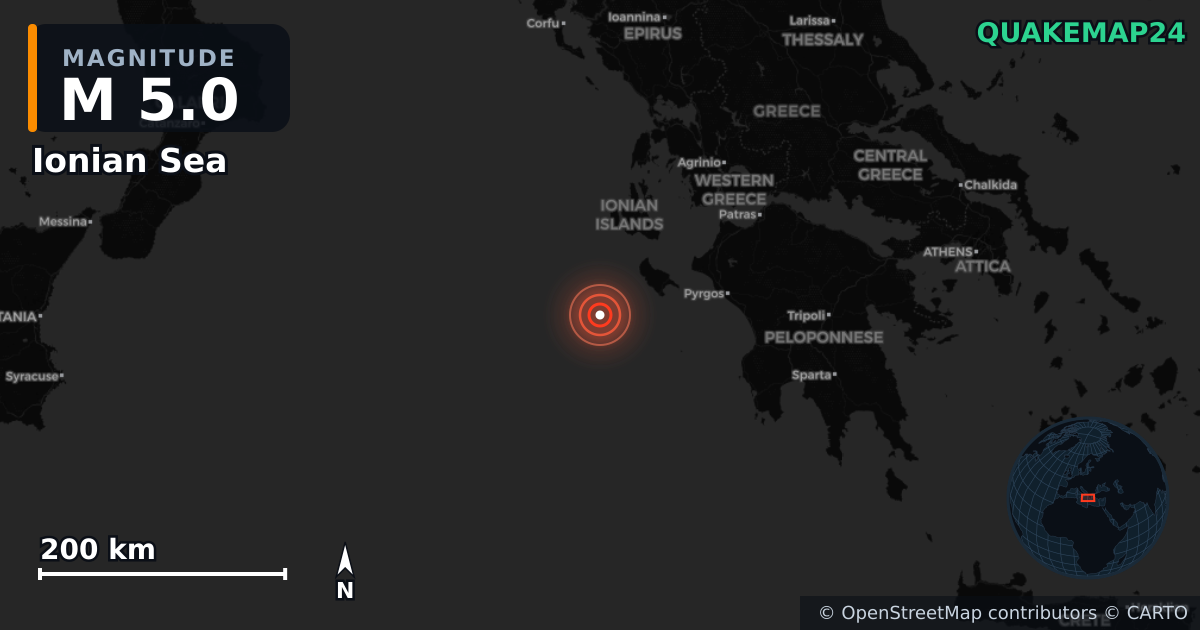 Erdbeben M5,0 bei Ionian Sea · 2025-12-15 — Karte der Lage des Epizentrums