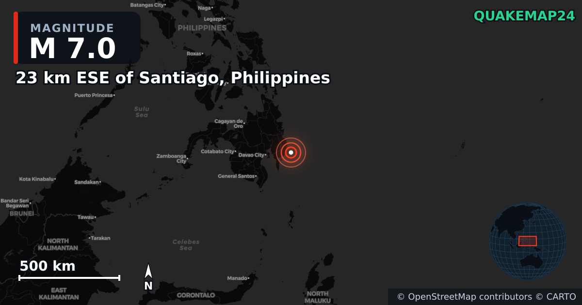 M7.0 earthquake near 23 km ESE of Santiago, Philippines on Oct 10, 2025 — map of epicenter and shaking intensity | QuakeMap24