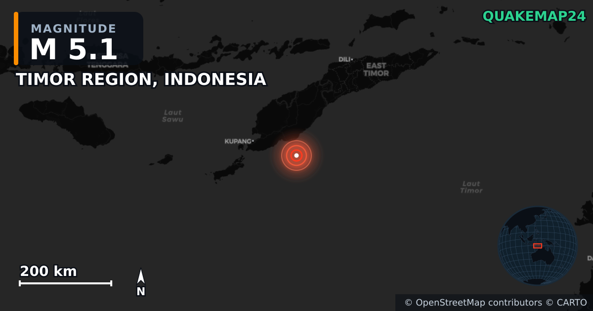 M5.1 earthquake near TIMOR REGION, INDONESIA on May 28, 2026 — map of epicenter and shaking intensity | QuakeMap24