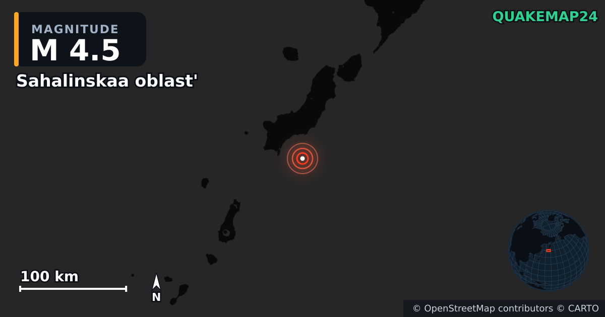 M4.5 earthquake near Sahalinskaa oblast' on Sep 18, 2025 — map of epicenter and shaking intensity | QuakeMap24