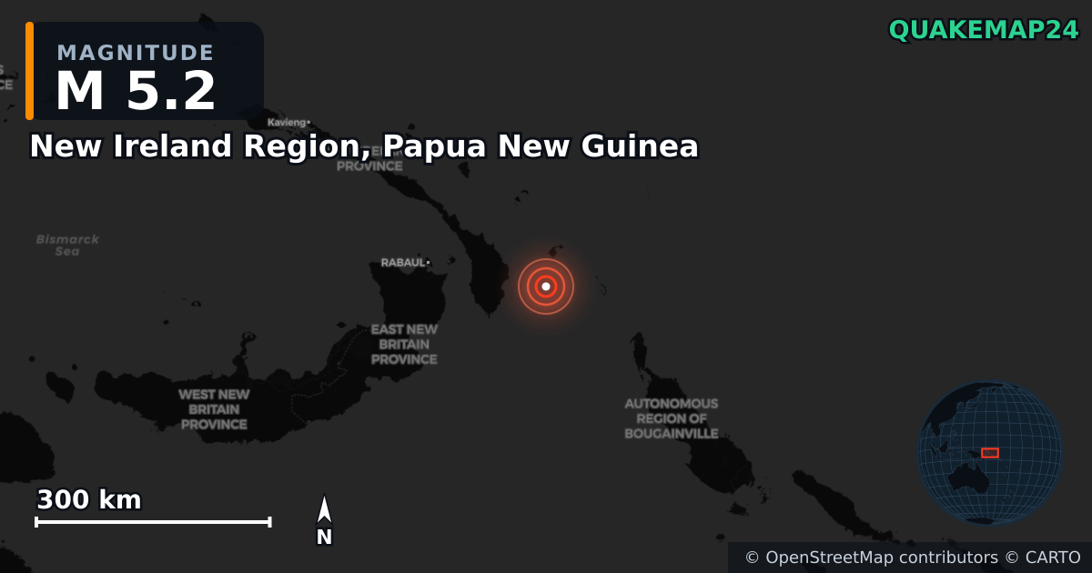M5.2 earthquake near New Ireland Region, Papua New Guinea on Apr 6, 2026 — map of epicenter and shaking intensity | QuakeMap24