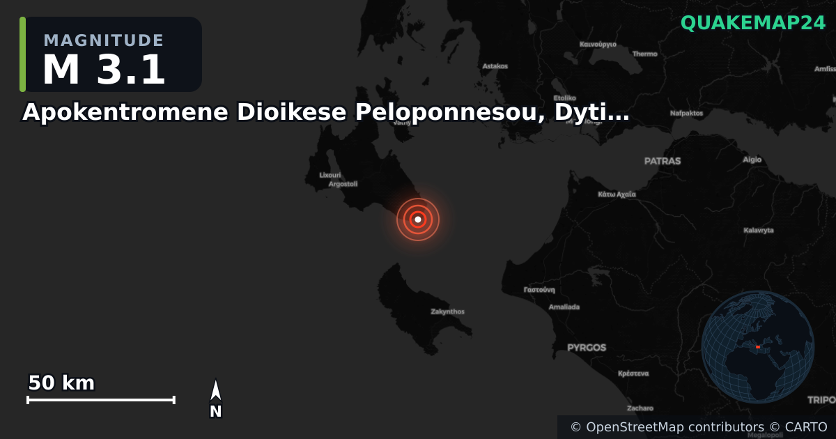 M3.1 earthquake near Apokentromene Dioikese Peloponnesou, Dytikes Elladas kai Ioniou on Nov 22, 2025 — map of epicenter and shaking intensity | QuakeMap24