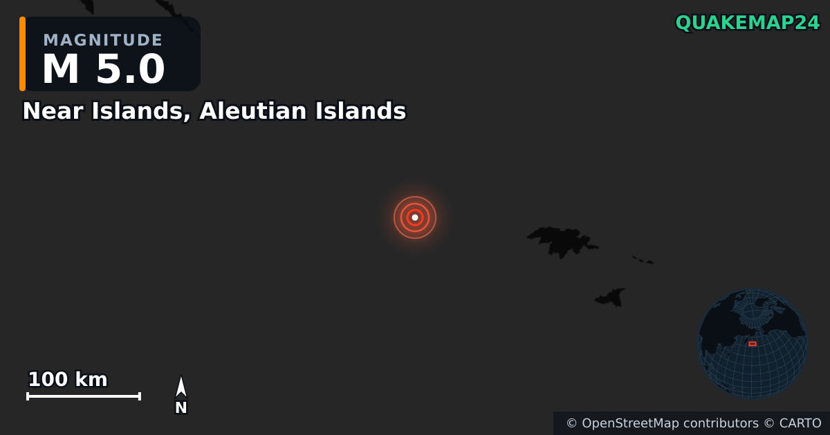 M5.0 earthquake near Near Islands, Aleutian Islands on Mar 22, 2026 — map of epicenter and shaking intensity | QuakeMap24