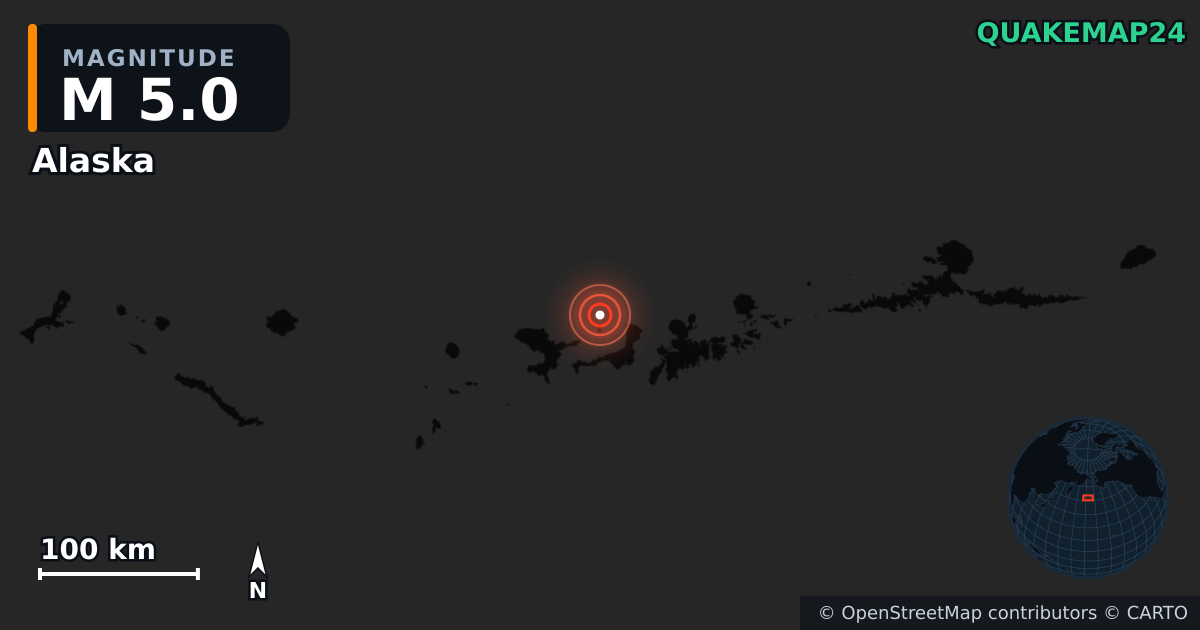 M5.0 earthquake near Alaska on Aug 5, 2025 — map of epicenter and shaking intensity | QuakeMap24
