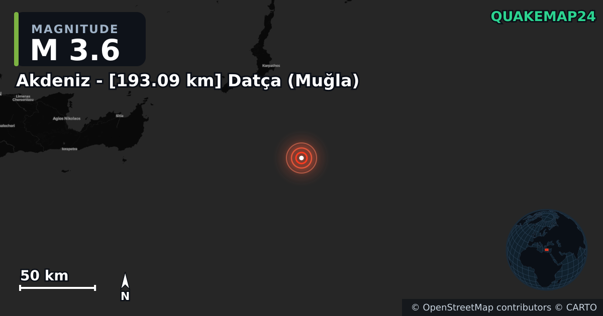 M3.6 earthquake near Akdeniz - [193.09 km] Datça (Muğla) on May 6, 2026 — map of epicenter and shaking intensity | QuakeMap24