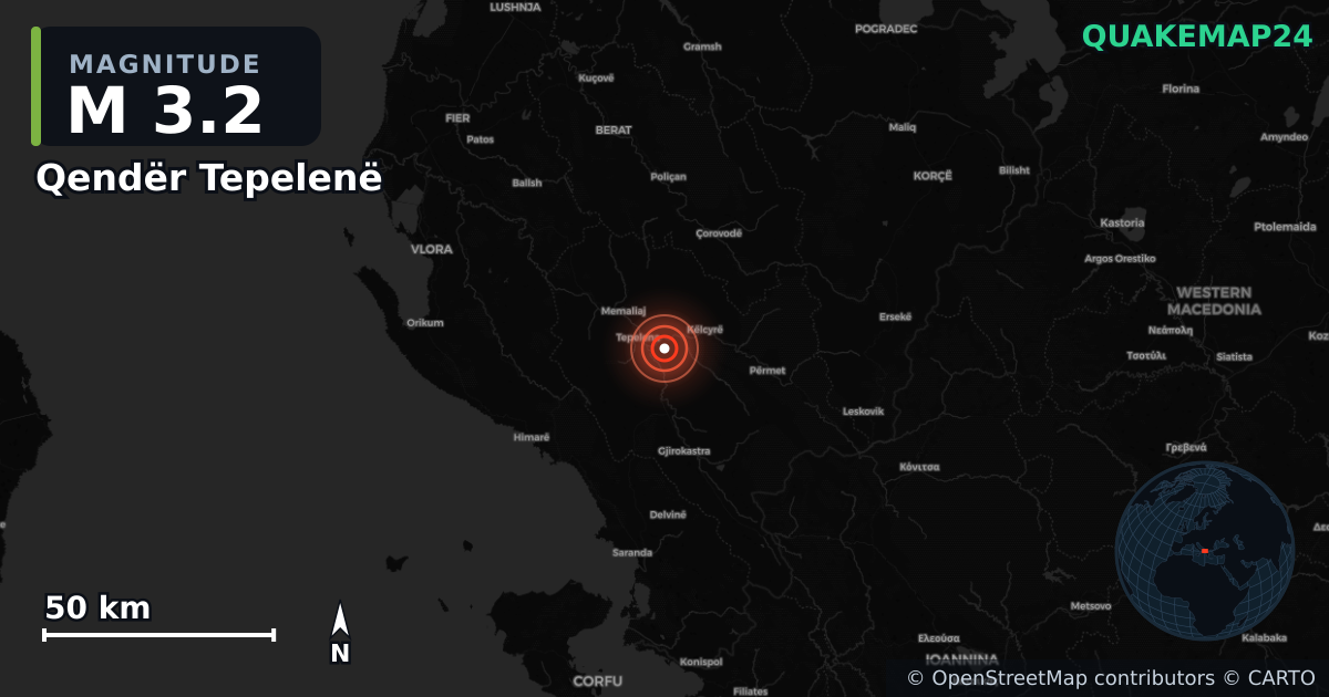 M3.2 earthquake near Qendër Tepelenë on Oct 19, 2025 — map of epicenter and shaking intensity | QuakeMap24