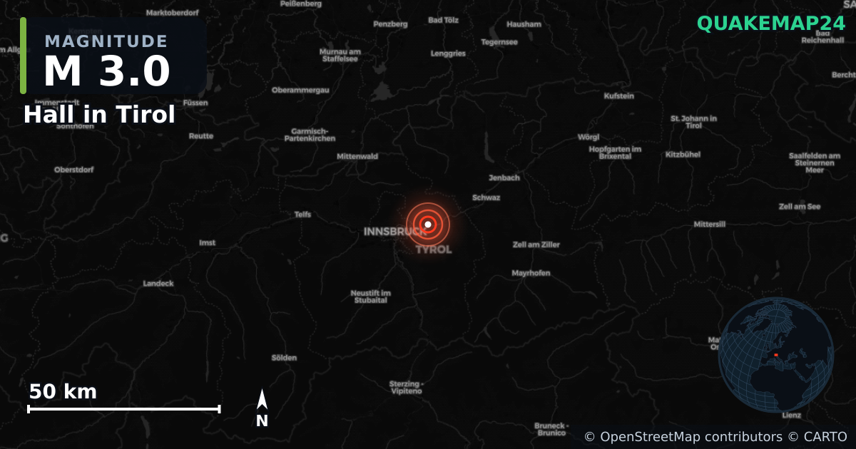M3.0 earthquake near Hall in Tirol on Aug 8, 2026 — map of epicenter and shaking intensity | QuakeMap24