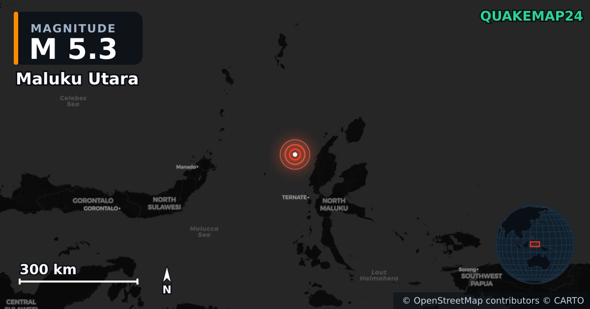 M5.3 earthquake near Maluku Utara on Aug 8, 2025 — map of epicenter and shaking intensity | QuakeMap24