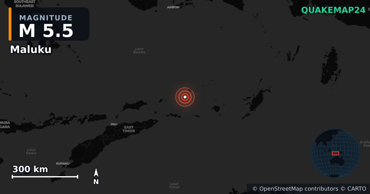 M5.5 earthquake near Maluku on Oct 1, 2025 — map of epicenter and shaking intensity | QuakeMap24