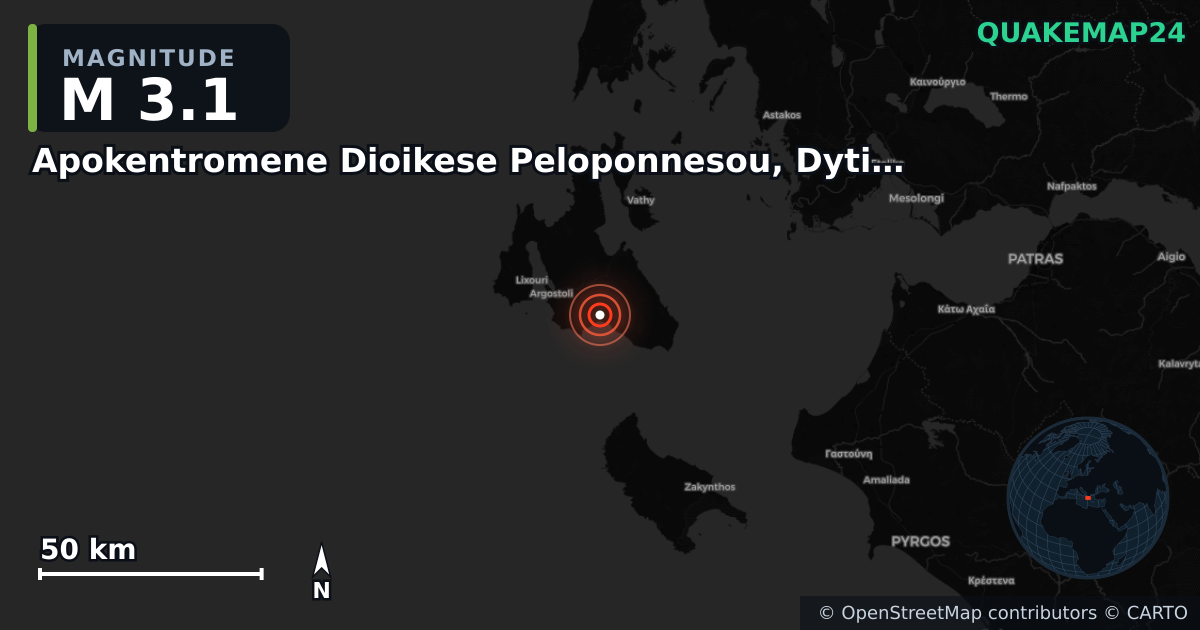 M3.1 earthquake near Apokentromene Dioikese Peloponnesou, Dytikes Elladas kai Ioniou on Oct 25, 2025 — map of epicenter and shaking intensity | QuakeMap24