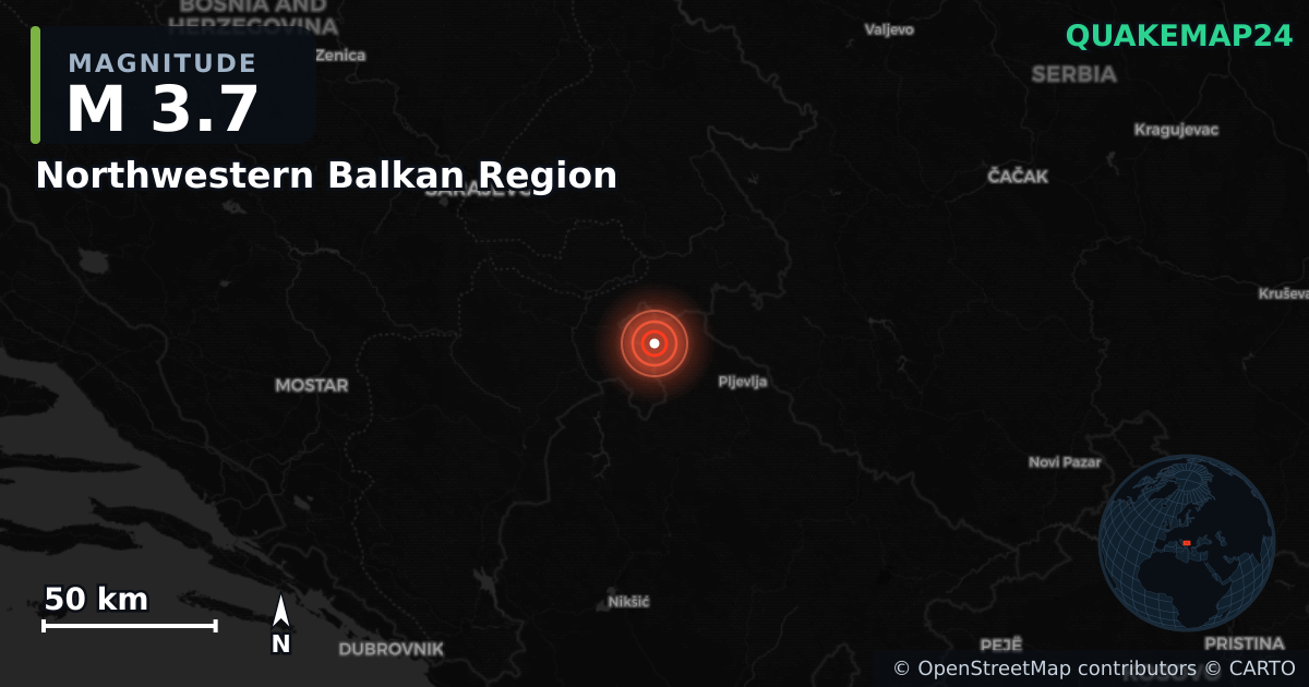 M3.7 earthquake near Northwestern Balkan Region on Nov 7, 2025 — map of epicenter and shaking intensity | QuakeMap24