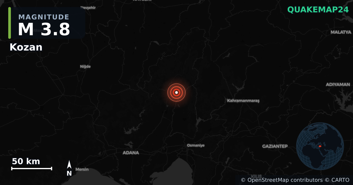 M3.8 earthquake near Kozan on May 29, 2025 — map of epicenter and shaking intensity | QuakeMap24